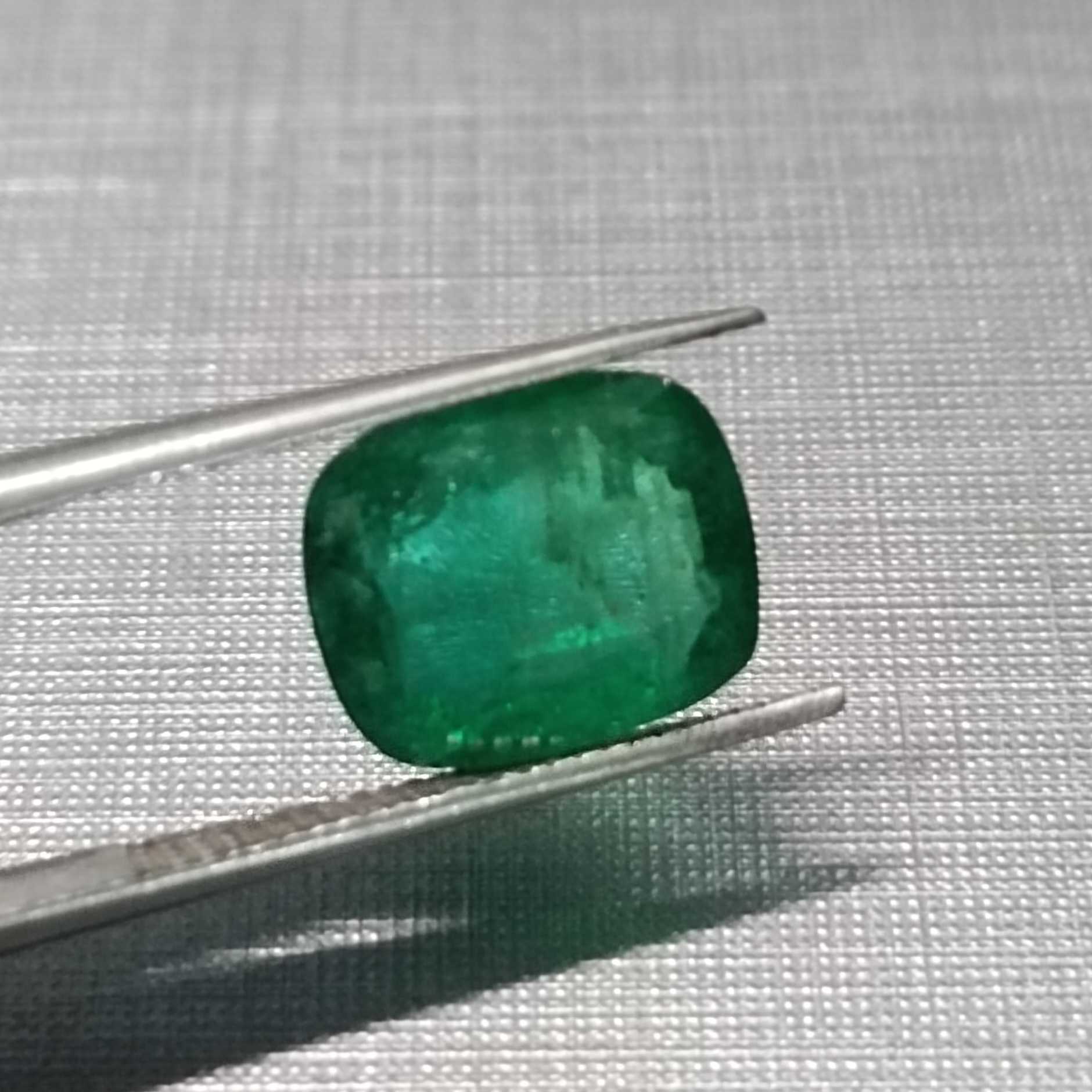  3.22ct Medium Deep Zambian Green Cushion Cut Emerald 8.35*10.1