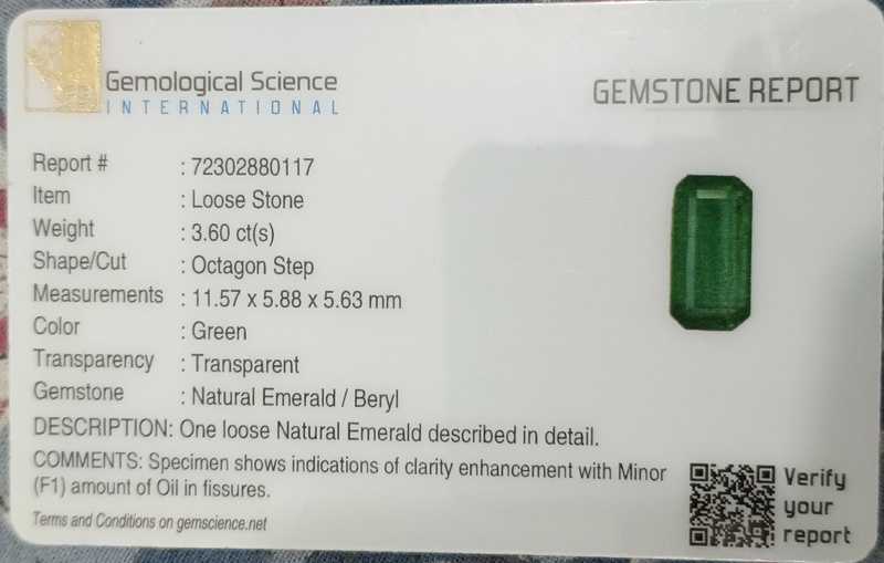 3.60ct GSI certified medium green octagon step cut buguette  emerald