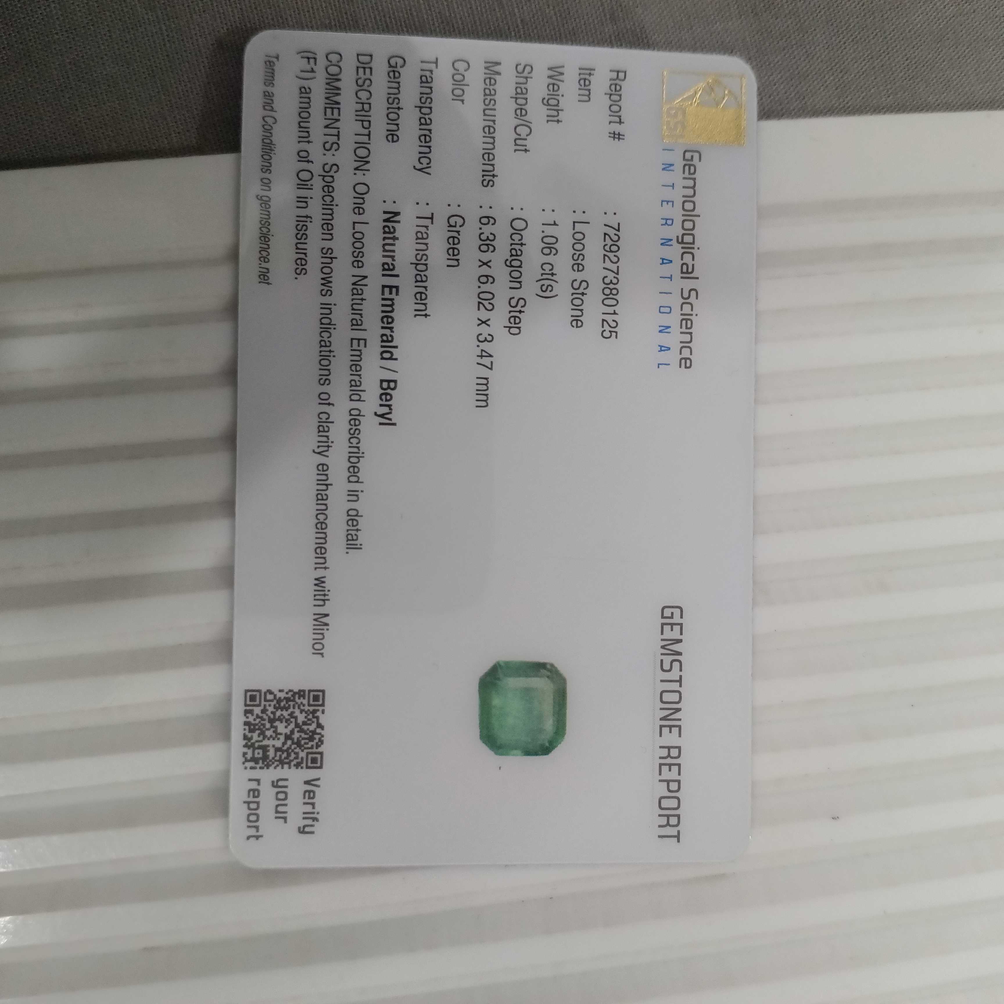 1.06cts certified water green octagon cut Panjshir emerald stone 